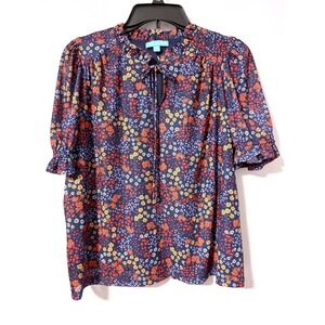 Draper James Navy Floral Ruffle Tie Neck Puff Sleeve Mesh Top Blouse Small